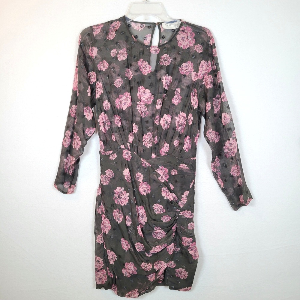 IRO Womens Adelino Silk Floral Ruched Mini Dress Size 0 Black Party Clubwear